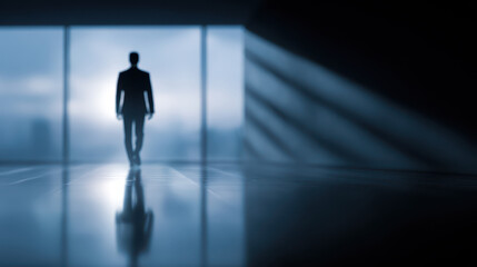 Silhouette of person walking in dimly lit modern hallway with large windows and soft light beams creating reflective floor effect