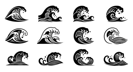 A diverse set of isolated black and white ocean wave icons, featuring stylized sea surf graphics in a traditional Japanese art style