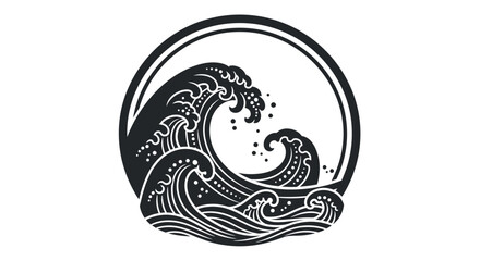 Naklejka premium Circular icon with a powerful Japanese-style ocean wave, a black and white vintage vector graphic art design