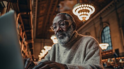 African American man wearing glasses, focused on laptop in a grand library, surrounded by bookshelves and elegant chandeliers, embodying a scholarly atmosphere of knowledge and learning