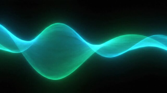A glowing abstract digital sound wave with fluid motion of blue and green light energy showing a futuristic concept of technology and modern frequency