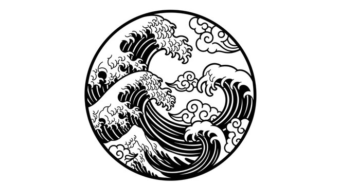 Monochrome Japanese style ocean waves and swirling clouds in a circle, a traditional Asian marine vector illustration for a tattoo or emblem design
