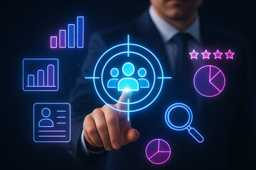 A man's hand is interacting with a holographic interface that targets customers, showing various icons related to data analysis, customer ratings, and a magnifying glass