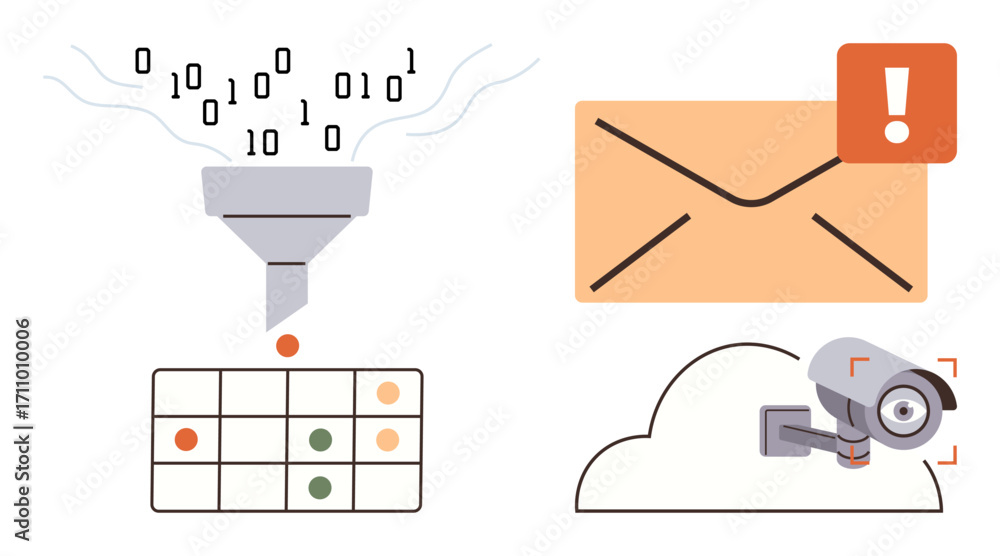 Leinwandbilder funnel filtering binary data, alert notification on envelope, security camera on cloud storage, simp
