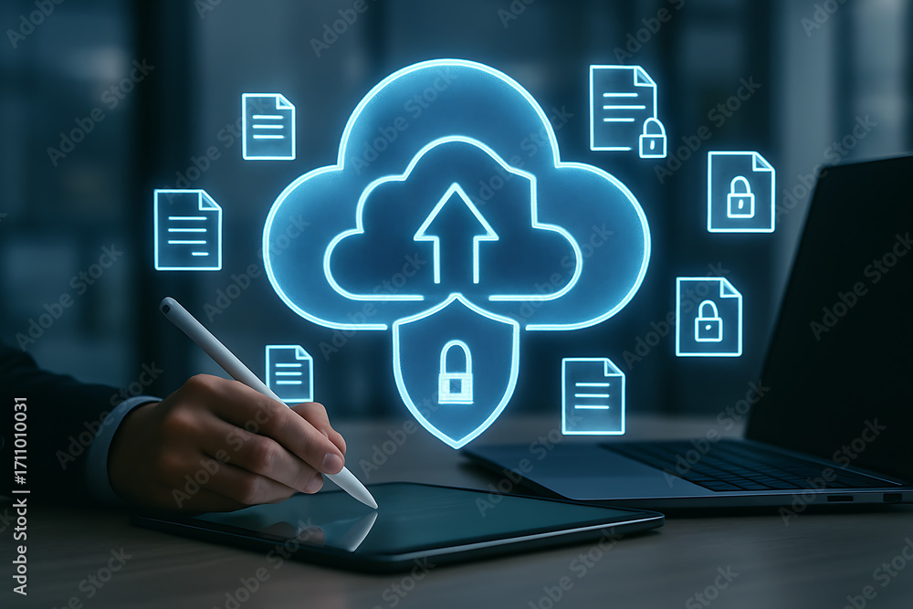 Poster a person uses a stylus on a tablet, interacting with a holographic display of a secure cloud storage