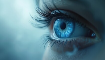 Extreme close-up of a bright blue human eye with long dark lashes against a soft blue background. Focus is on the iris and pupil detail, representing vision, emotion and insight.