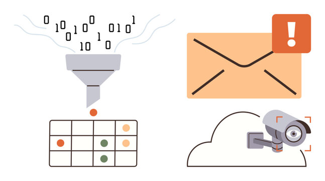 Funnel filtering binary data, alert notification on envelope, security camera on cloud storage, simple grid chart. Ideal for digital protection, cybersecurity, data management, cloud security, AI