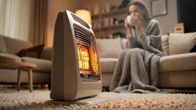 Cozy living room with electric heater warming up the space and woman sitting on sofa covered with blanket drinking hot beverage in a relaxed winter atmosphere.