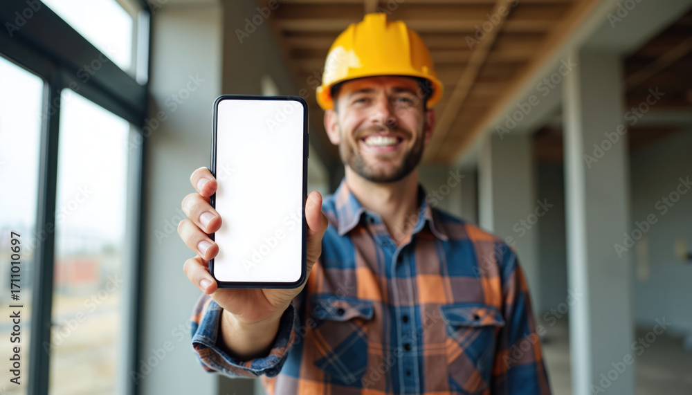 Aufkleber Construction worker presents a smartphone with blank screen. Man in yellow helmet smiles in new building. Builder shows phone with copy space. Mobile tech concept for new projects