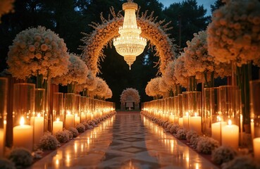 Outdoor wedding aisle glows with warm candlelight. Grand crystal chandelier hangs from elegant white floral archway. Many flower arrangements in tall vases line long path to distant ceremony altar.