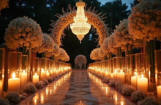Outdoor wedding aisle glows with warm candlelight. Grand crystal chandelier hangs from elegant white floral archway. Many flower arrangements in tall vases line long path to distant ceremony altar.