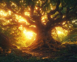 Ancient, radiant tree bathed in sunlight