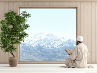 Man reading Quran by window, mountains view