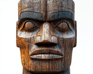 Close-up of a carved wooden head.  Intricate details