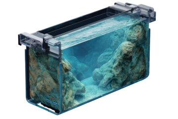 Clear rectangular aquarium,  with rocks and water.  Transparent container,  showing interior