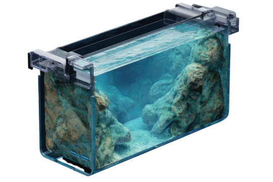 Clear rectangular aquarium,  with rocks and water.  Transparent container,  showing interior