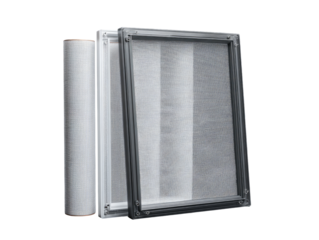 A gray-framed, white-paneled pet door, adjacent to a roll of white material