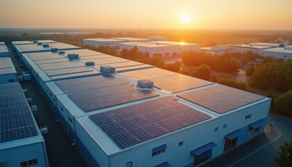 Aerial view of industrial buildings with solar panels on roofs. Golden sun light glows over warehouses, factories. Clean energy production, green electricity system powers business ops. Renewable