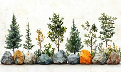 Row of trees and rocks on a textured background