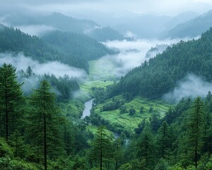 Misty valley with lush green forests and a winding river