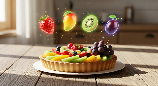 A vibrant fruit tart adorned with fresh berries, grapes, and kiwi slices, with holographic fruits floating above.