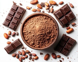 Dark chocolate and cocoa powder spread on a white surface