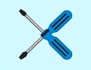 Fototapeta premium Two crossed screwdrivers, simple, bright blue and gray, form a design on a pale sky-blue background.