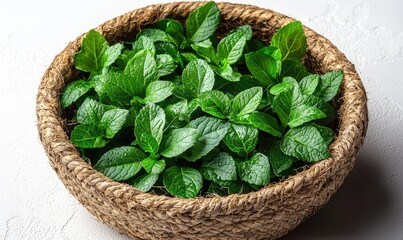 Fresh mint leaves in a woven basket