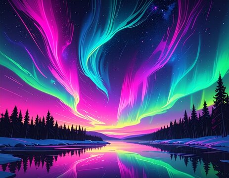 Vibrant neon aurora borealis over a snowy forest and reflective lake northern lights