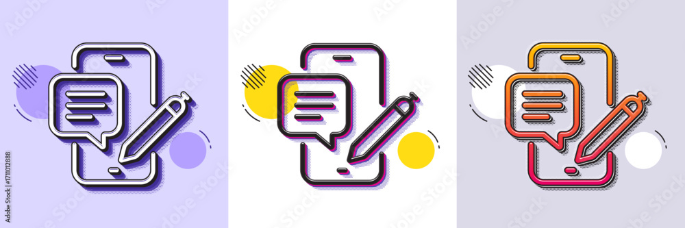 Poster phone chat line icon. halftone dotted pattern. gradient icon with grain shadow. smartphone app sign.