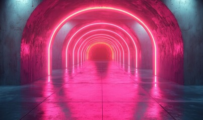 A vibrant, neon-lit tunnel with arches