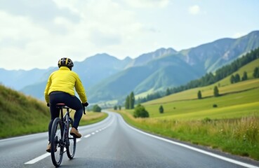Person rides bicycle on winding road through green hills and mountains. Cyclist wearing yellow jacket and helmet, enjoys scenic route. Outdoor activity, summer travel, fitness pursuit.
