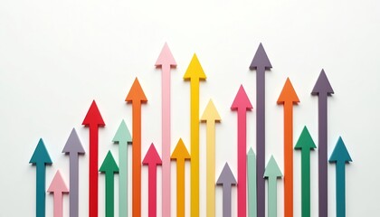 Colorful arrows point upwards creating graphic chart representing business growth, success. Directional indicators show progress development advancement. Teamwork goal achievement strategy planning.