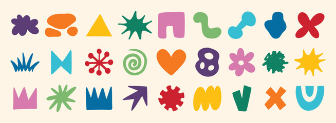 colorful organic doodle hand drawn colorful set. shapes and squiggles childish style. Abstract funny cute kids shapes elements. naive art