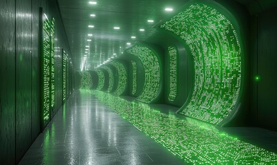 Futuristic green corridor with glowing digital code