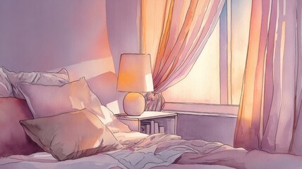Cozy bedroom scene with soft pillows, warm lamp light, and flowing curtains, creating a serene atmosphere for relaxation and comfort in a stylish interior design