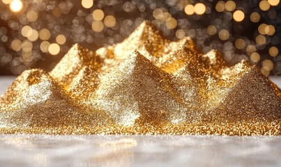 Golden mountain range on a marble surface.  Bokeh background