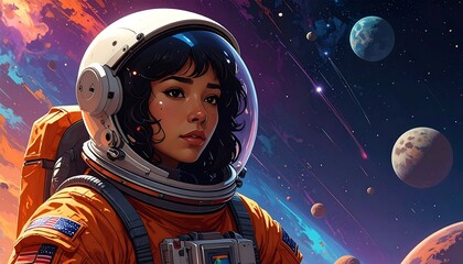 A woman astronaut in a vibrant space suit gazes out at distant planets and meteors in a colorful, cosmic setting.