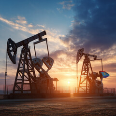 Obraz premium Oil pump jacks against the sunset with Azerbaijan flag. Oil industry concept 