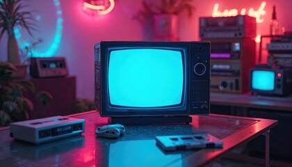 Retro television glows with bright blue screen in neon pink and blue lights. Cassette tapes and old electronics fill the room. Nostalgic vibe for a bygone era.