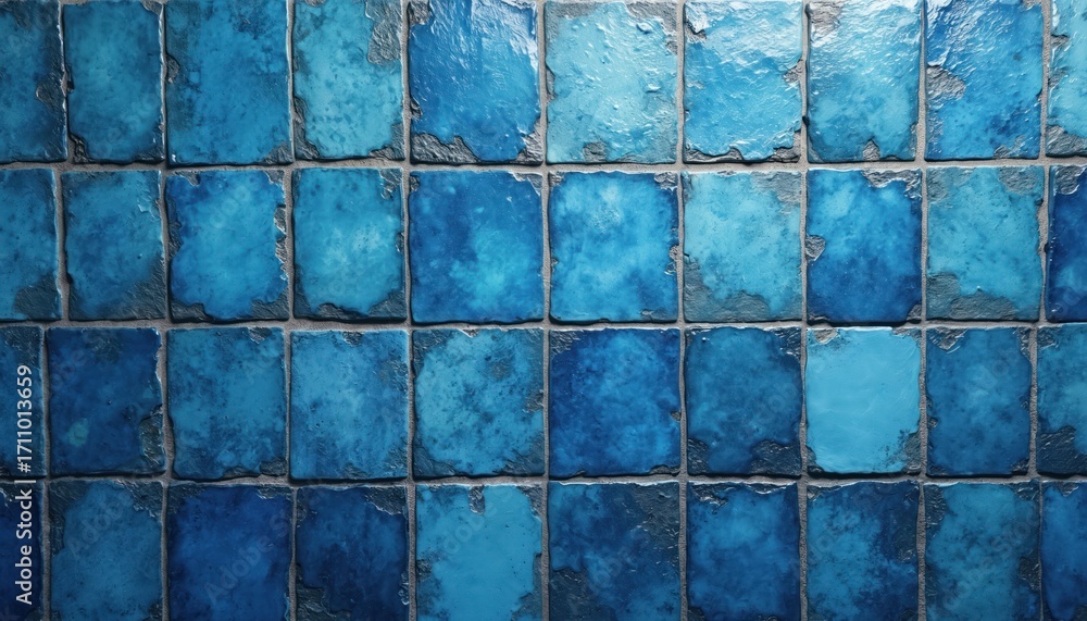Aufkleber blue ceramic tiles create textured pattern. square mosaics feature variations in tone. distressed su