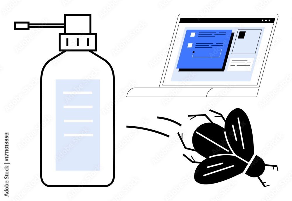 Fototapete bug spray, fly, and laptop screen visualizing debugging, computer issues, optimization, error fixing