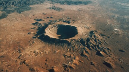 High-angle view of a large crater in a desert landscape