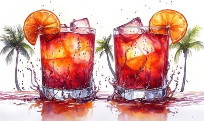 Two vibrant cocktails, garnished with orange slices, sit on a sandy beach, splashed with a watercolor effect