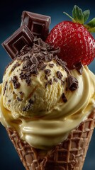 Extreme macro close-up of a vanilla ice cream cone with chocolate chunks, chocolate shavings, and a fresh strawberry on a dark background.