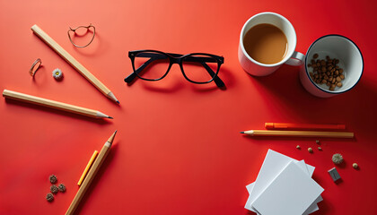 Flat lay of writing tools like pencils and pens with eyeglasses and coffee cup on red background. Office supplies and stationery for creative work and study.