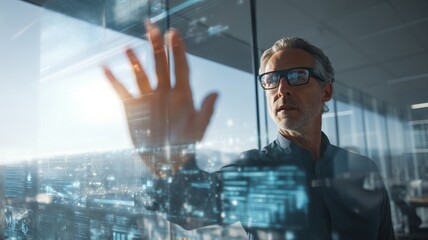 Senior man with glasses interacting with a futuristic digital interface, showcasing advanced technology and innovation in a modern office environment with city skyline view