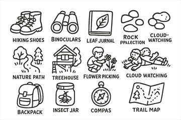Kids Nature Exploration Icon. Kids nature exploration doodle icon set: hand drawn icons of hiking shoes, binoculars, leaf journal,
