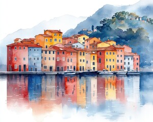 Watercolor painting of a colorful Italian village reflected in a calm lake