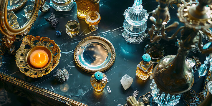 Mysterious collection of ornate vials, crystals, and a candle on a dark, reflective surface.